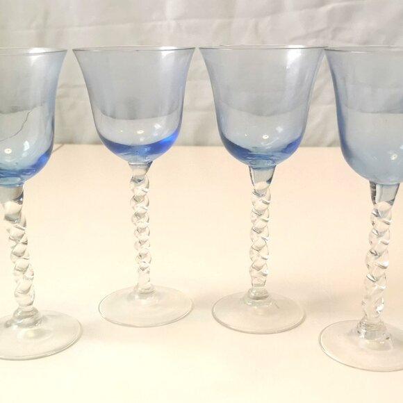 VINTAGE Set of 4 Aqua Blue Wine Goblets w/ Clear Corkscrew Twisted Stem | 1960s - Picture 1 of 8